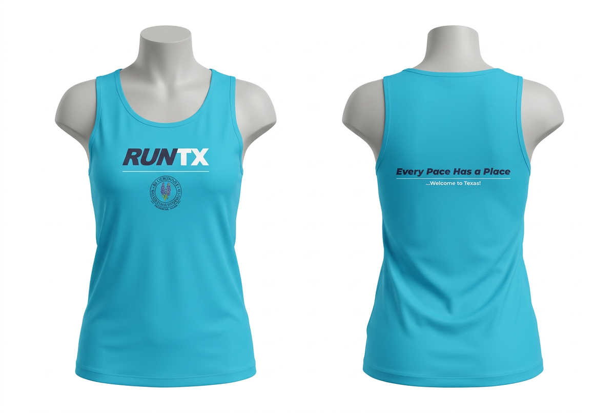 Bluebonnet RunTX Technical Singlet - Women's - Tropical Breeze Blue - front and back mannequin mockup