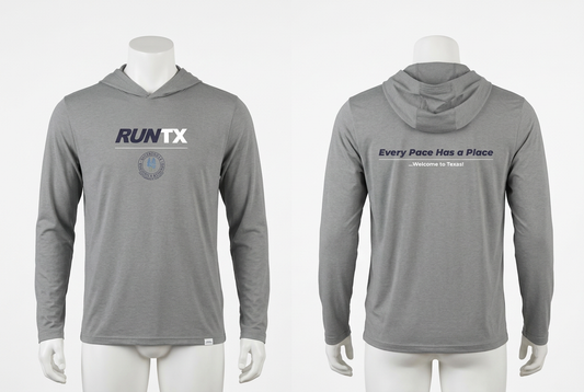 Bluebonnet RunTX Performance Tech Lightweight Sun Hoodie - Mens - Heather Classic Gray - front and back mannequin mockup
