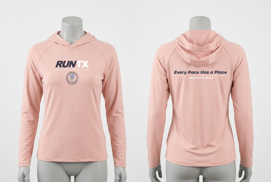 Bluebonnet RunTX Performance Tech Lightweight Sun Hoodie - Womens - Creole Pink - front and back mannequin mockup