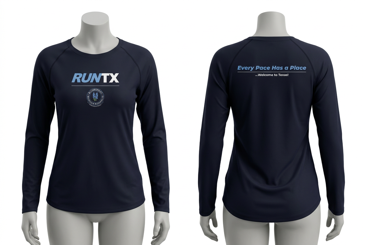 Bluebonnet RunTX LuxeDry Long Sleeve - Women's - Naval Academy - front and back mannequin mockup